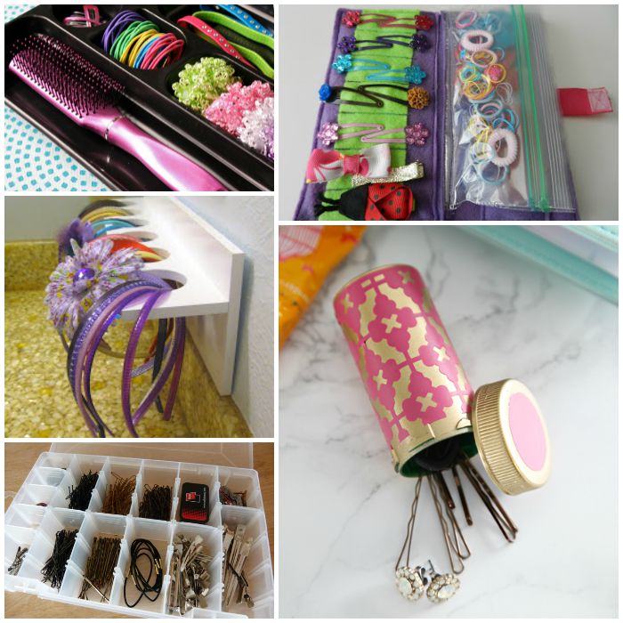 Organize hair accessories collage, drawer organizer with pink hair brush, hair elastics, white shelf with plastic headbands, embroidery thread case with bobby pins, hair elastics, decorated medicine bottle filled with bobby pins, hair clip organizer with zip lock bags and green felt strip