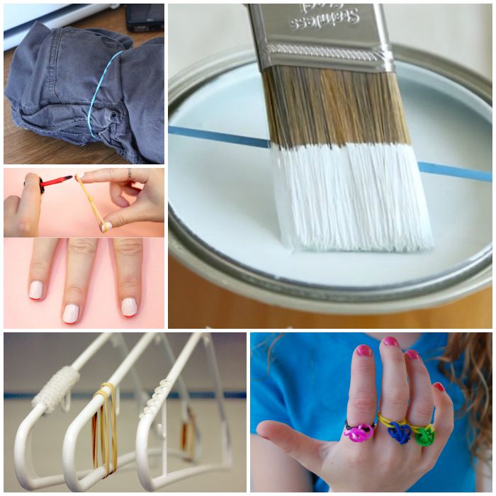 6-photo collage of rubber band rings, packing by rolling clothes and tying securing with rubber band, French manicure using rubber bands, rubber bands on hanger to keep clothes from slipping off, and rubber band in use to get off excess paint from a paint brush. 