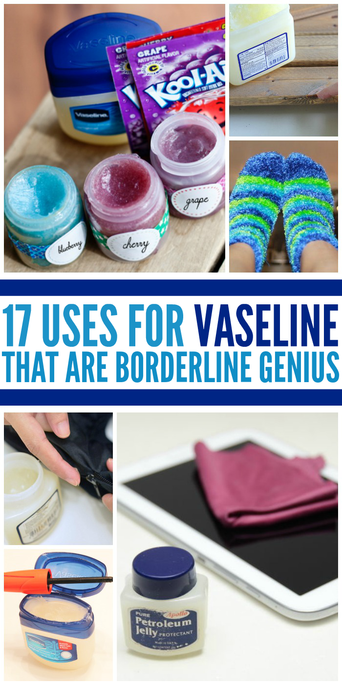 Collage of different uses for Vaseline- Lip gloss made of Vaseline and Kool-Aid, Vaseline as scuff-remover on wooden bench, feet with socks, Vaseline and leather pouch with zipper, vaseline and piece of soft cloth and screen