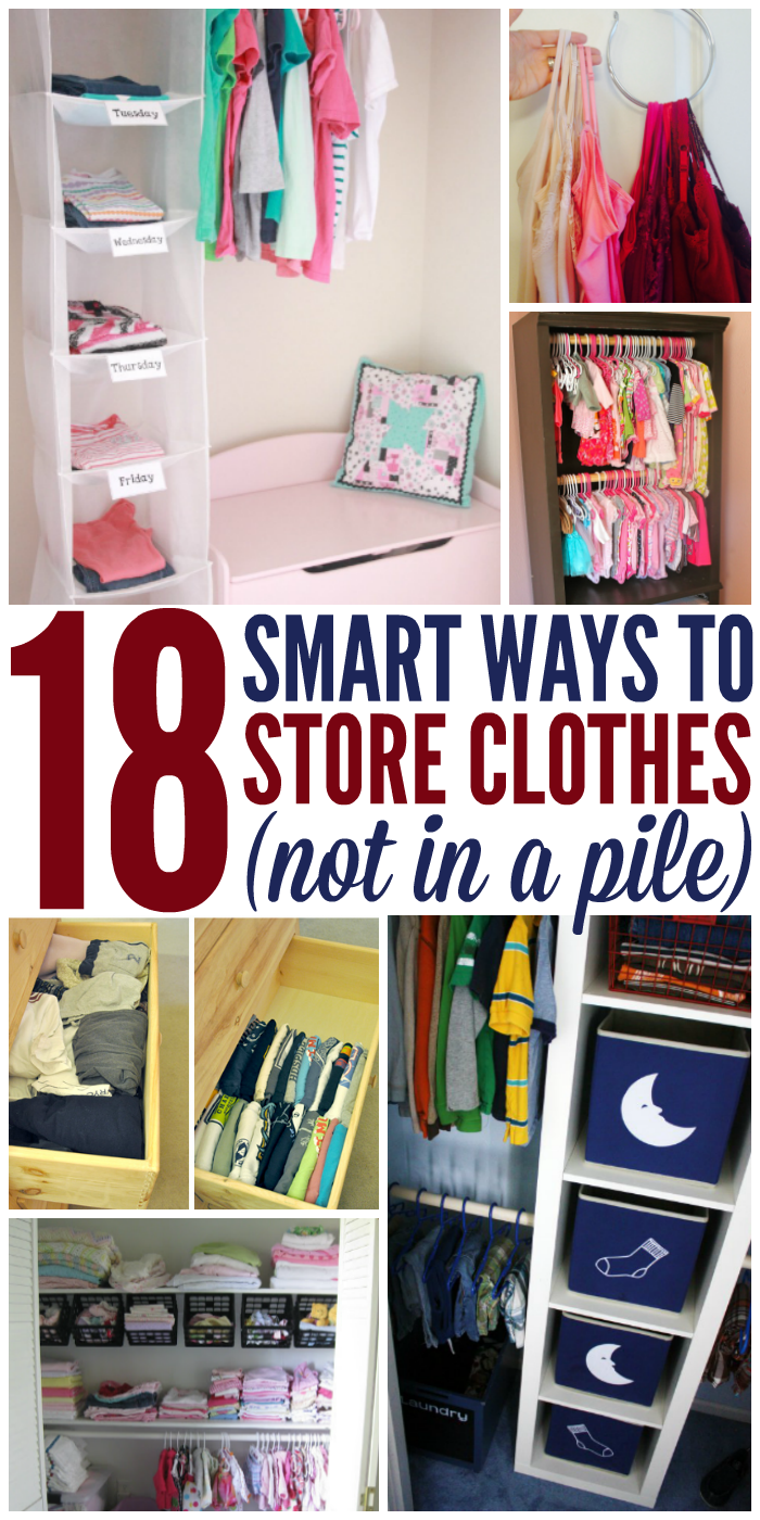 18 Ways to Store Clothes - Not in a Pile, collage of children's clothing sorted and stored in hanging shoe cubby with weekday labels, camisoles being hung on accessories hook to save space, small children's clothing hanging on two rods in closet to maximize space, a Before image of a messy drawer full of t-shirts and an After image of the drawer with neatly folded t-shirts filed away, a children's closet with hanging baskets to organize their small items, and a young boy's closet featuring two containers with a moon image on the front to store pyjamas and two containers with a sock image on the front to store socks