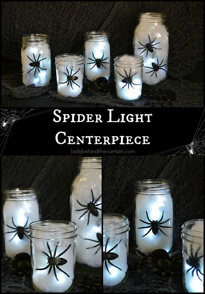 Mason jars with cotton, spiders and lights