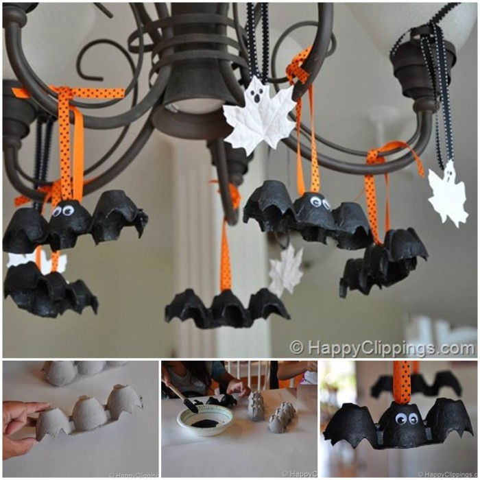 black egg carton bats hanging from light