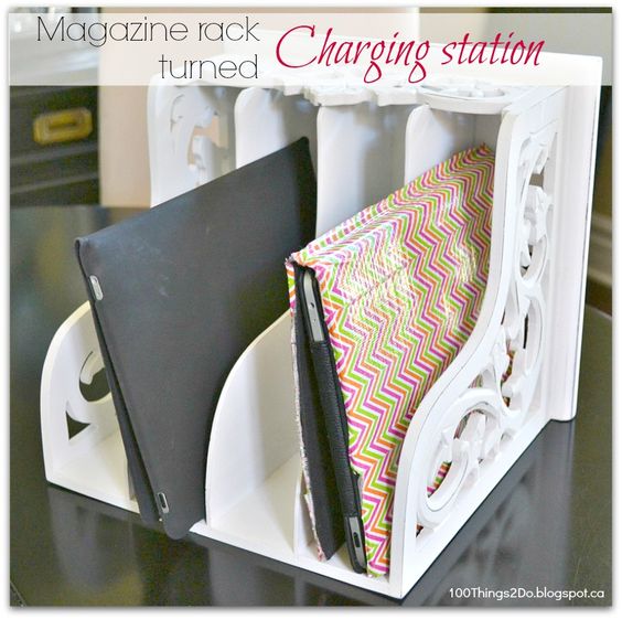 tablets stored in a white magazine rack