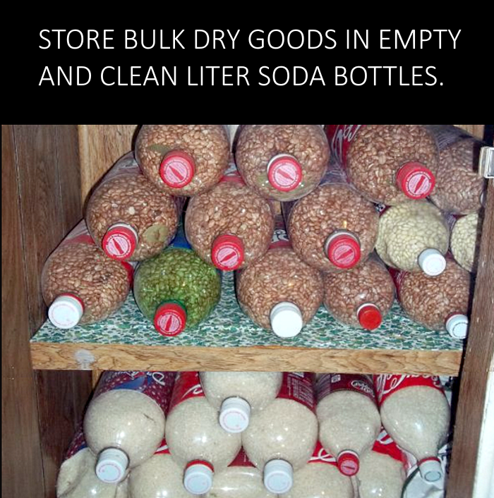 Kitchen food storage idea using soda bottles