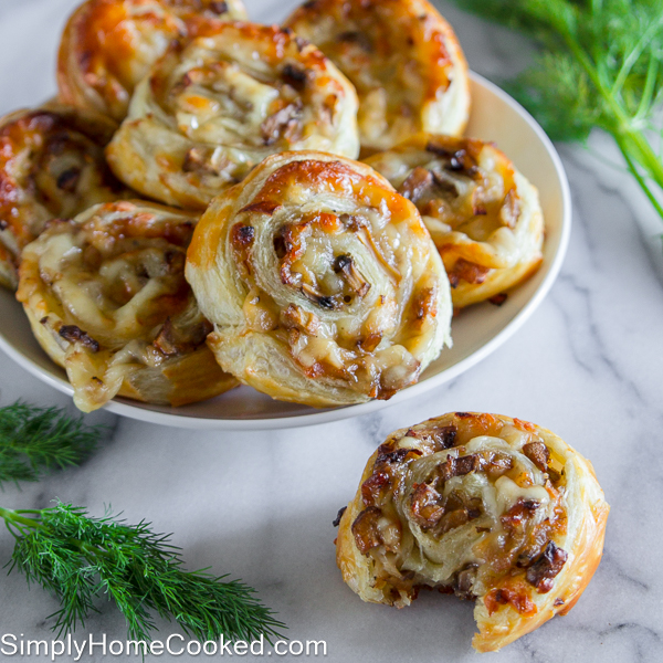 cheesy mushroom pinwheels in a bowl