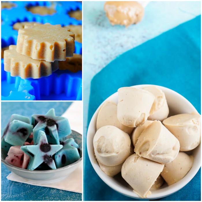 Homemade Frozen Dog Treats for Summer- Frozen dog treats, peanut butter and coconut oil frozen treat, frozen berry treats in shape of stars in bowl, bowl of peanut butter and yogurt frozen dog treats. 