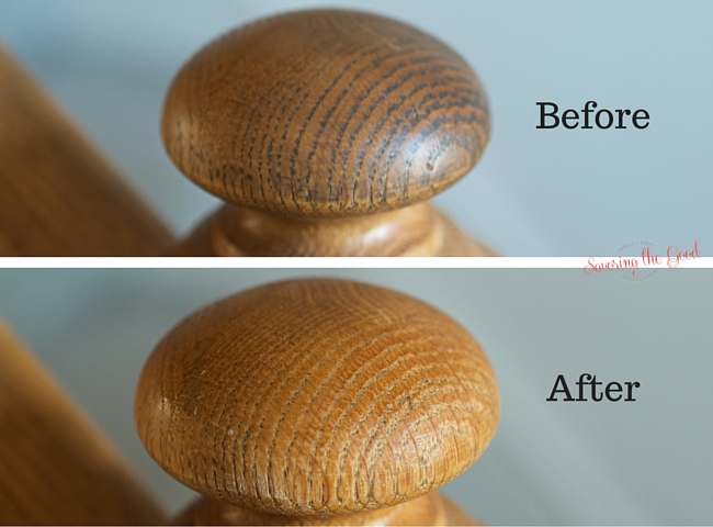 Before and after image of wood banister after cleaning