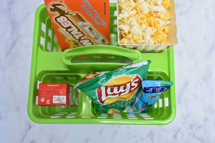 This movie night snack tray is perfect for road trip snack storage.