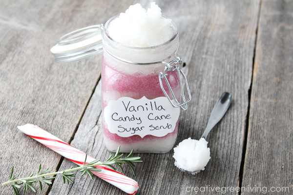 Quick and easy DIY gift idea - make a vanilla peppermint candy cane striped sugar scrub with sugar, coconut oil and essential oils