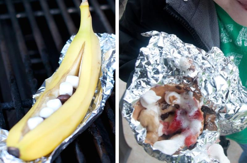 two campfire desserts - banana with marshmallows and chocolate, and s'mores ice cream cone