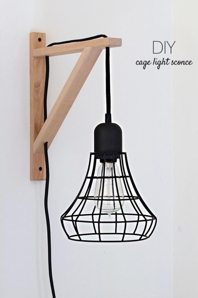 Industrial cage pendant light hanging from a wood bracket