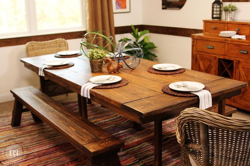 farmhouse style dining table and benches