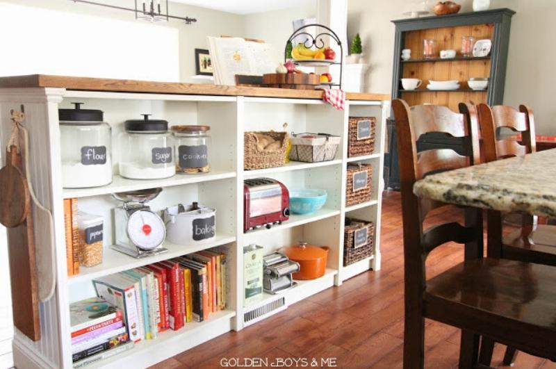 farmhouse style white kitchen island with butcher block top