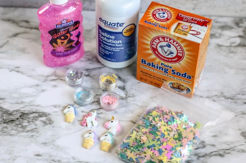 unicorn slime ingredients sitting on the counter