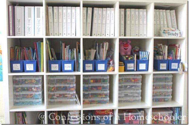 Cubby shelves holding notebooks and other supplies