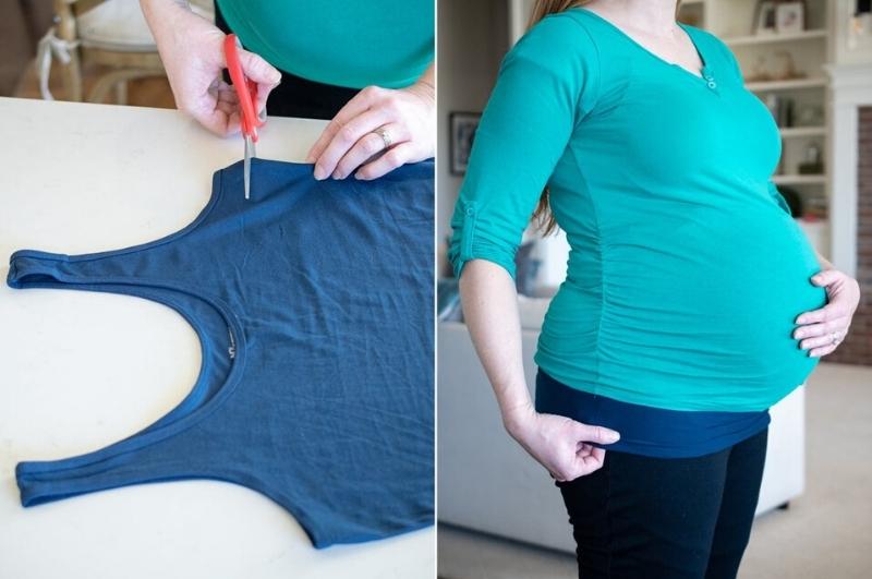 Before and after images of a cut tank top as a DIY belly band