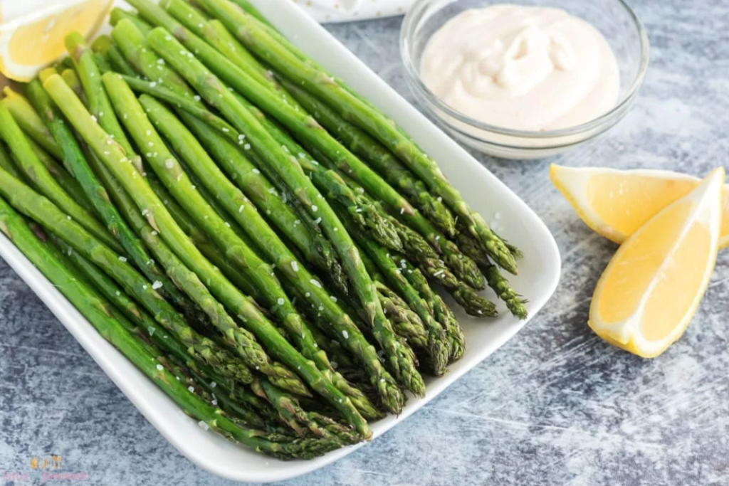 Air-fried-asparagus with lemons and dip