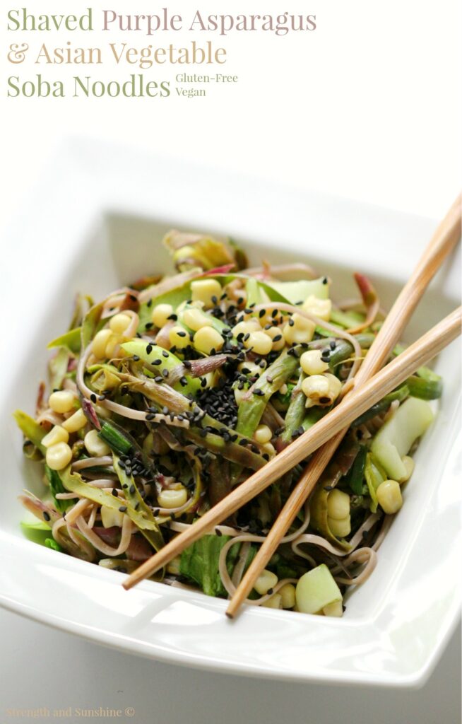 shaved purple asparagus and asian vegetable soba noodles