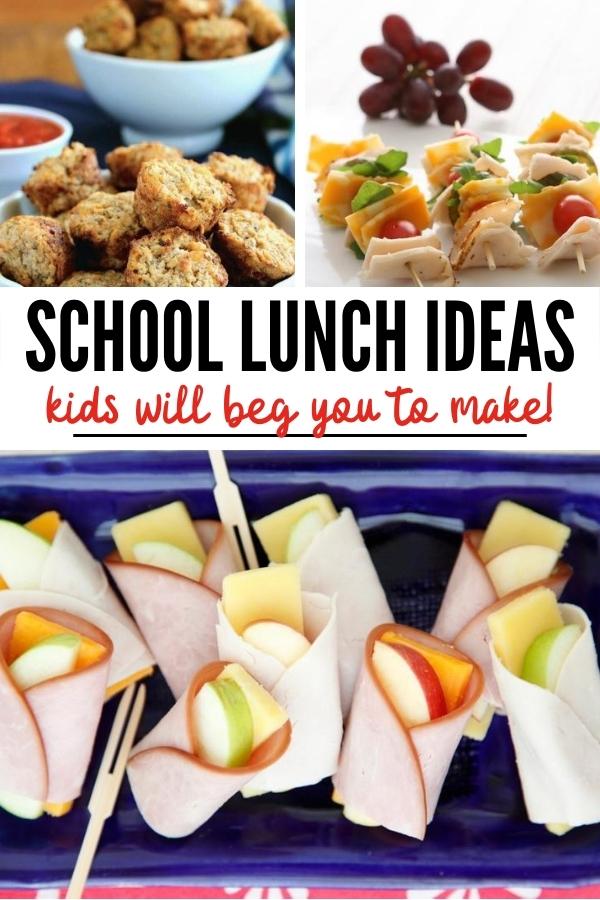 school lunch ideas kids will beg you to make (text) 3 images of cool school lunch box ideas like muffins, skewers and crustless sandwiches