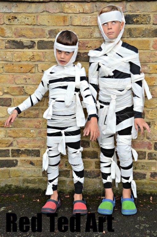 2 boys in mummy homemade Halloween costumes