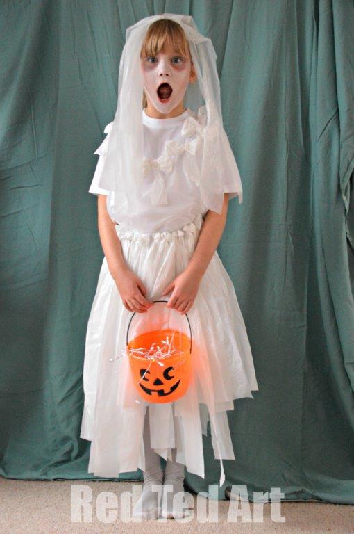 girl dressed in homemade Halloween bride costume