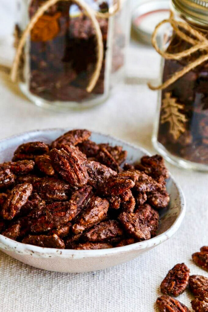 bowl of spiced candied pecans