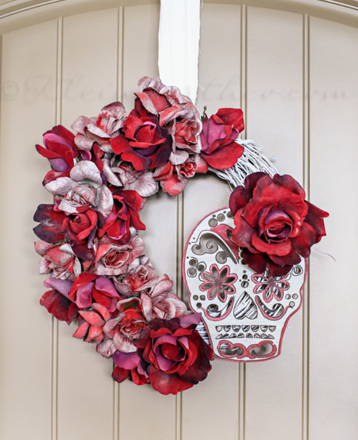 sugar skull and roses wreath