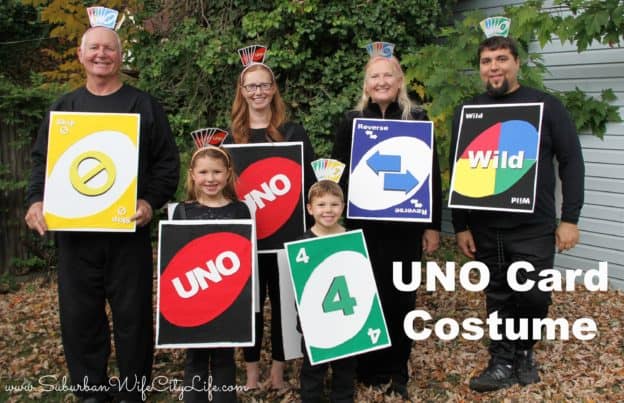 family dressed in homemade UNO cards costume