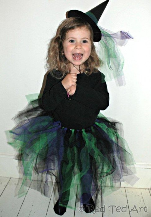 Girl dressed in easy no-sew witch costume