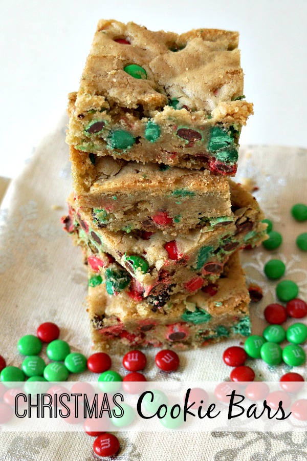 Red and green M&M cookie bars stacked