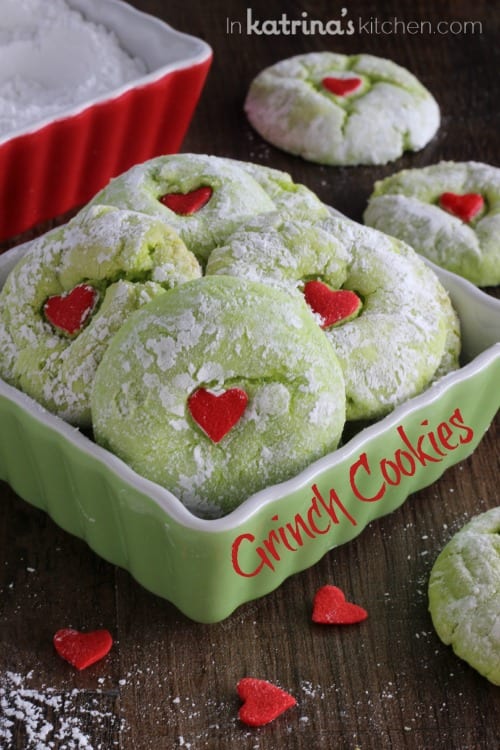 Grinch cookies in a dish