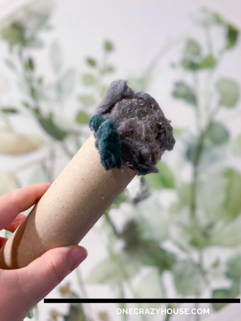 Toilet paper tube stuffed with dryer lint