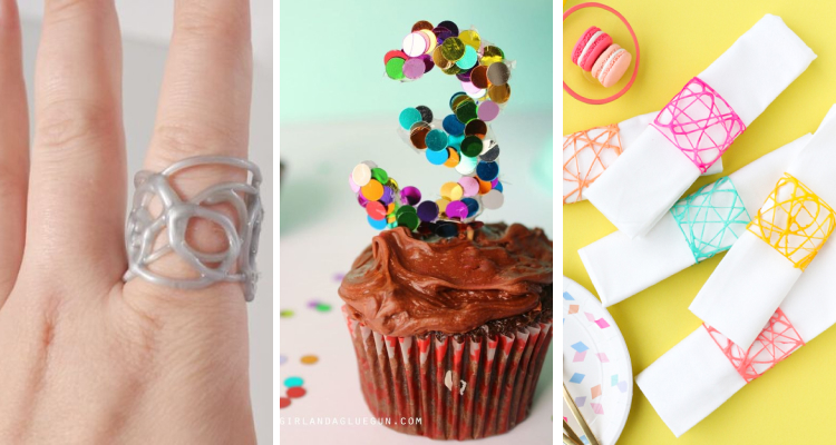 hot glue gun hacks - ring, confetti cake topper, and napkin rings