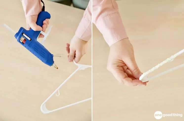 Adding hot glue to a hanger to create a non-slip clothing grip