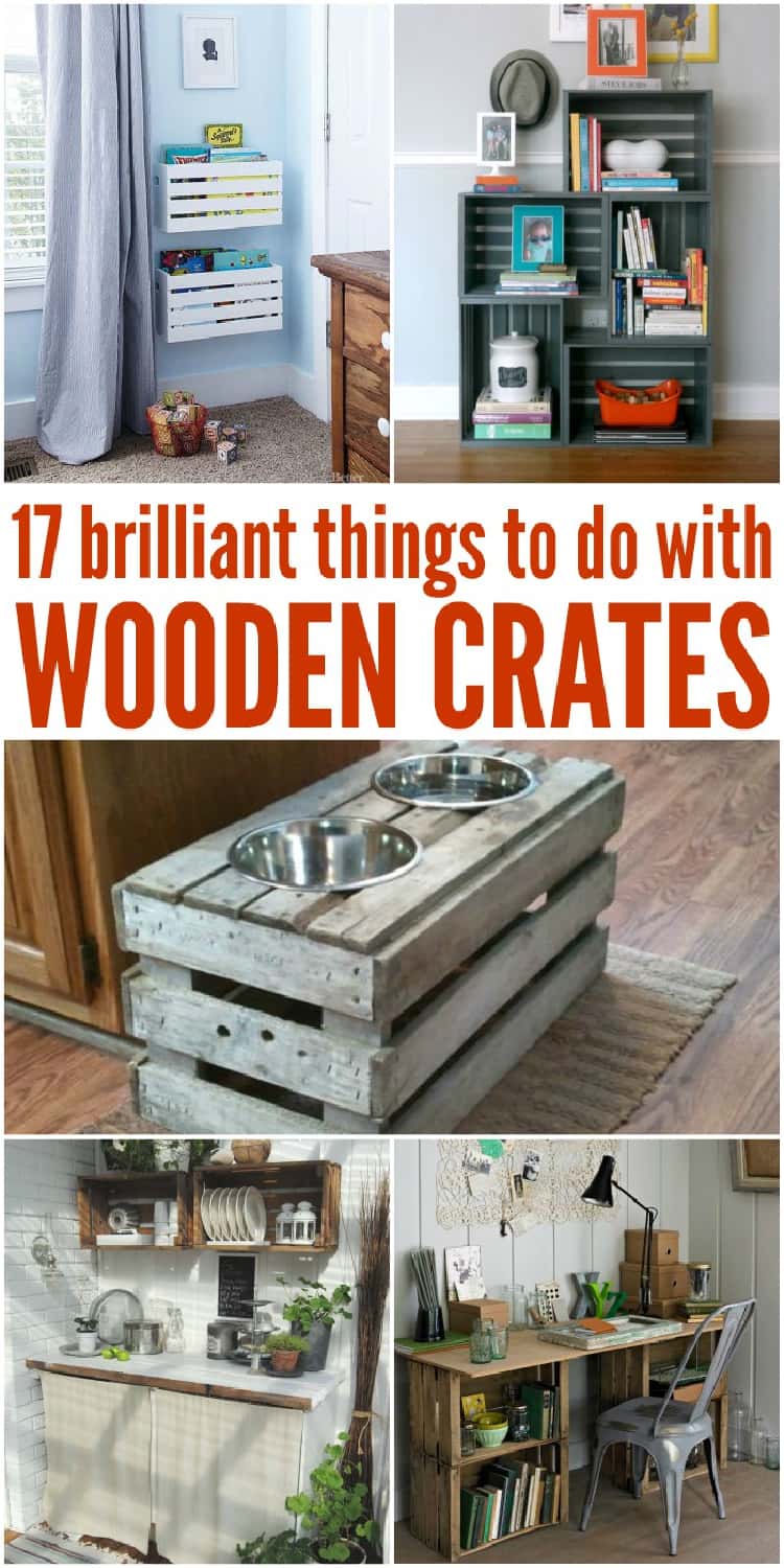 Wooden Crates Projects collage white bookshelfs from crates, kids room shelves from shelves, pet feeding station, outside kitchen upper cabinet from shelves, desk from wooden crates