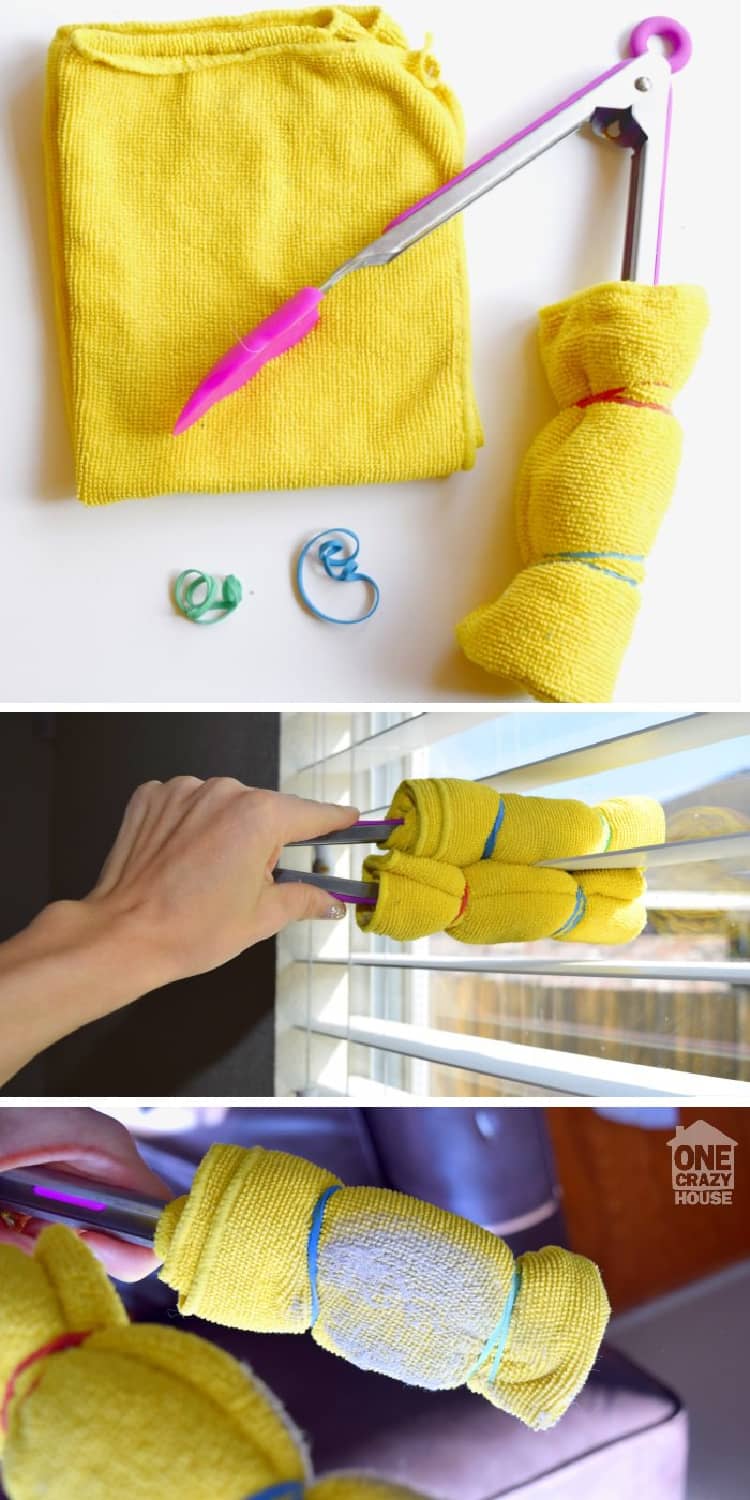 collage, microfiber cloth, tongs, elastic bands, a hand holding the tongs, cleaning blinds, dirty microfiber, dust collected