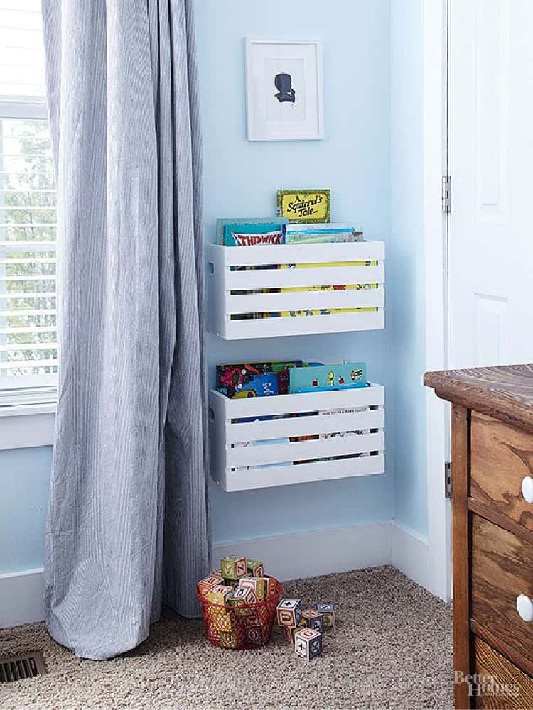 Kids Room two wall bookshelves from wooden crates