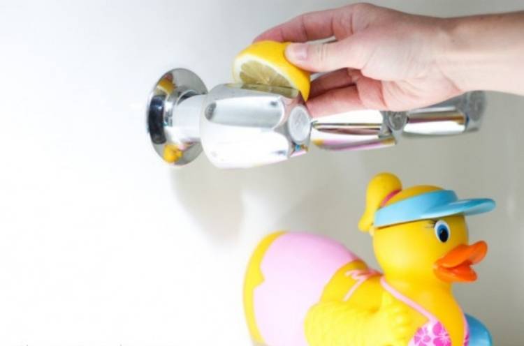 bathroom cleaning hack for chrome fixtures, rubbing lemon on chrome fixtures in the bathroom, a rubber duck placed below the shower handle