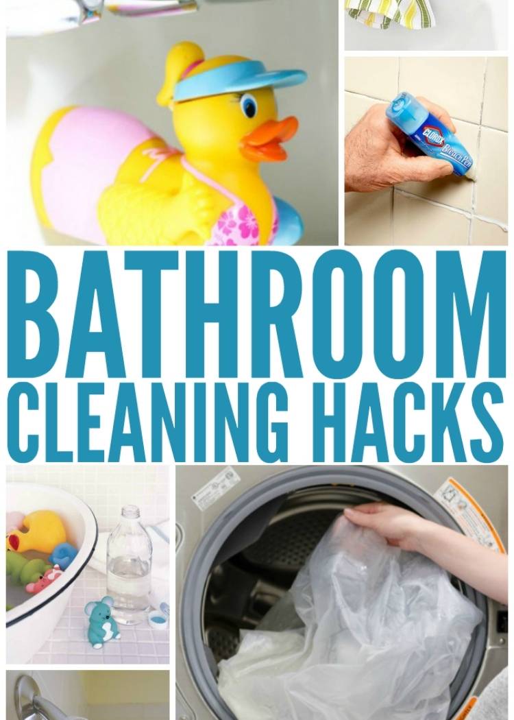 bathroom cleaning hacks title banner, a rubber duck bath toy, a shower curtain on a washing machine, a bleach pen for grout, bath toys soaked in water and vinegar solution