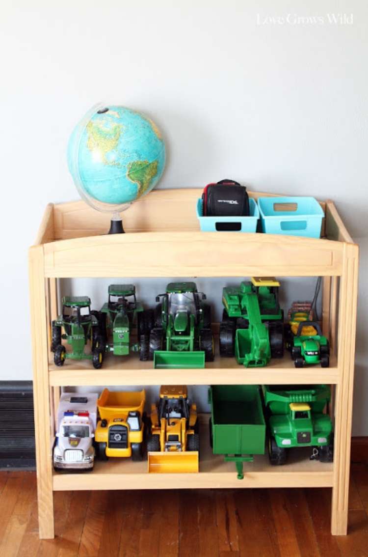 Wooden repurposed changing tables converted into toy truck kid storage organizer. 