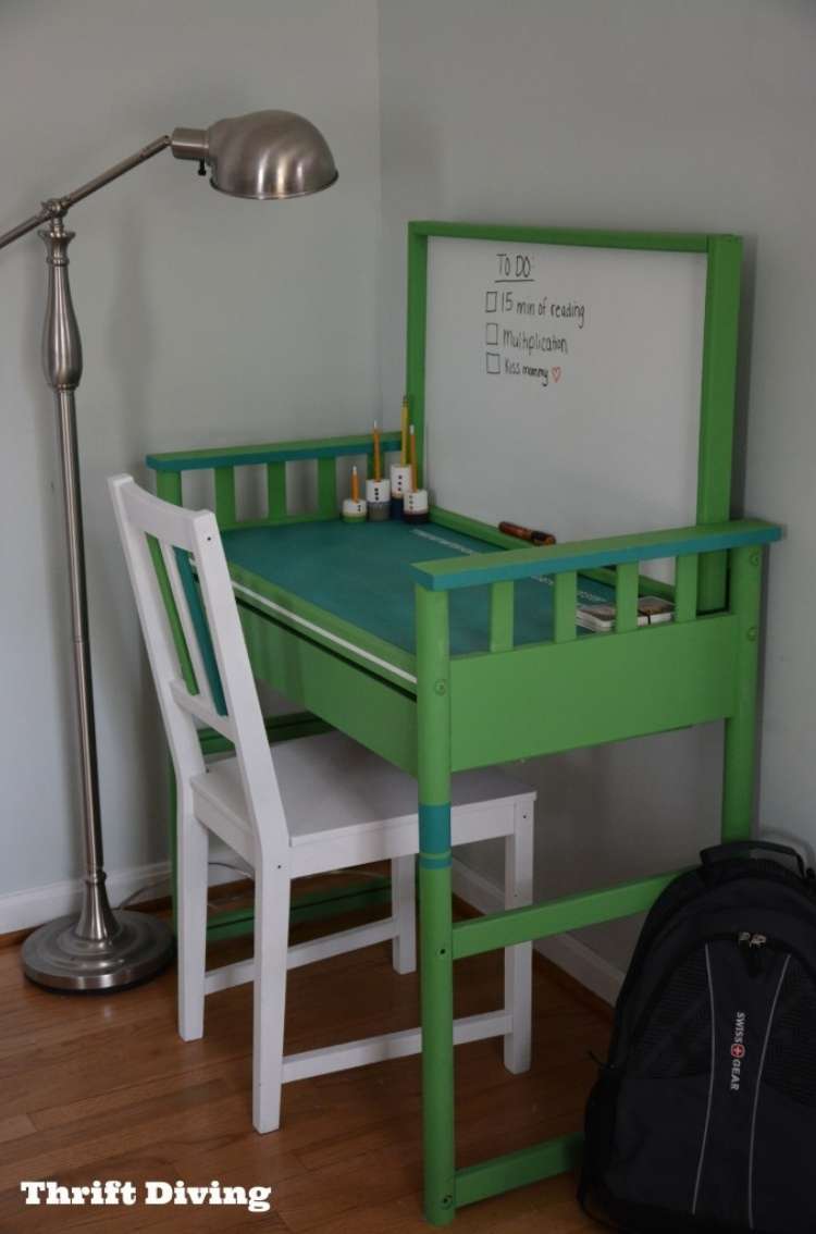 Repurposed changing table into bright green child sized desk