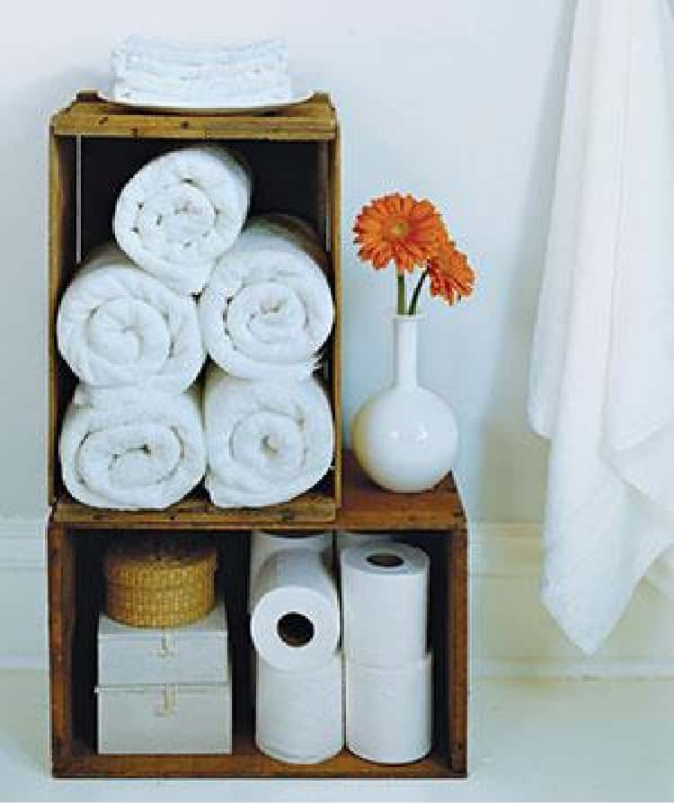 wooden crate bathroom towel storage