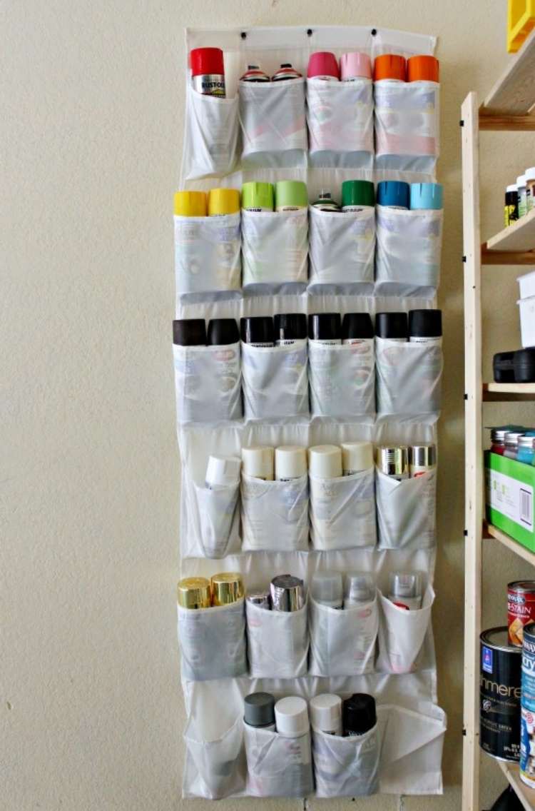 hanging Shoe storage repurposed for paint storage