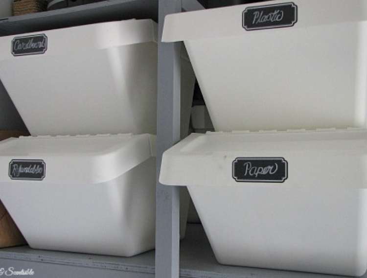 White storage containers with black labels