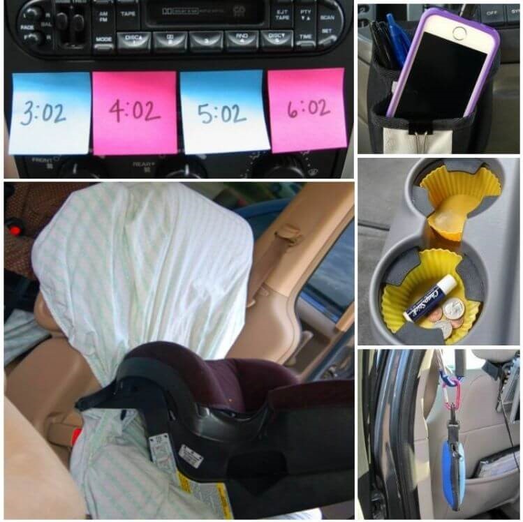 Collage of car hacks - crib sheet to keep seats clean, sticky notes on radio with times to reward kids, silicone cup cake liners in cup holders, pouch clipped to car vent for organization