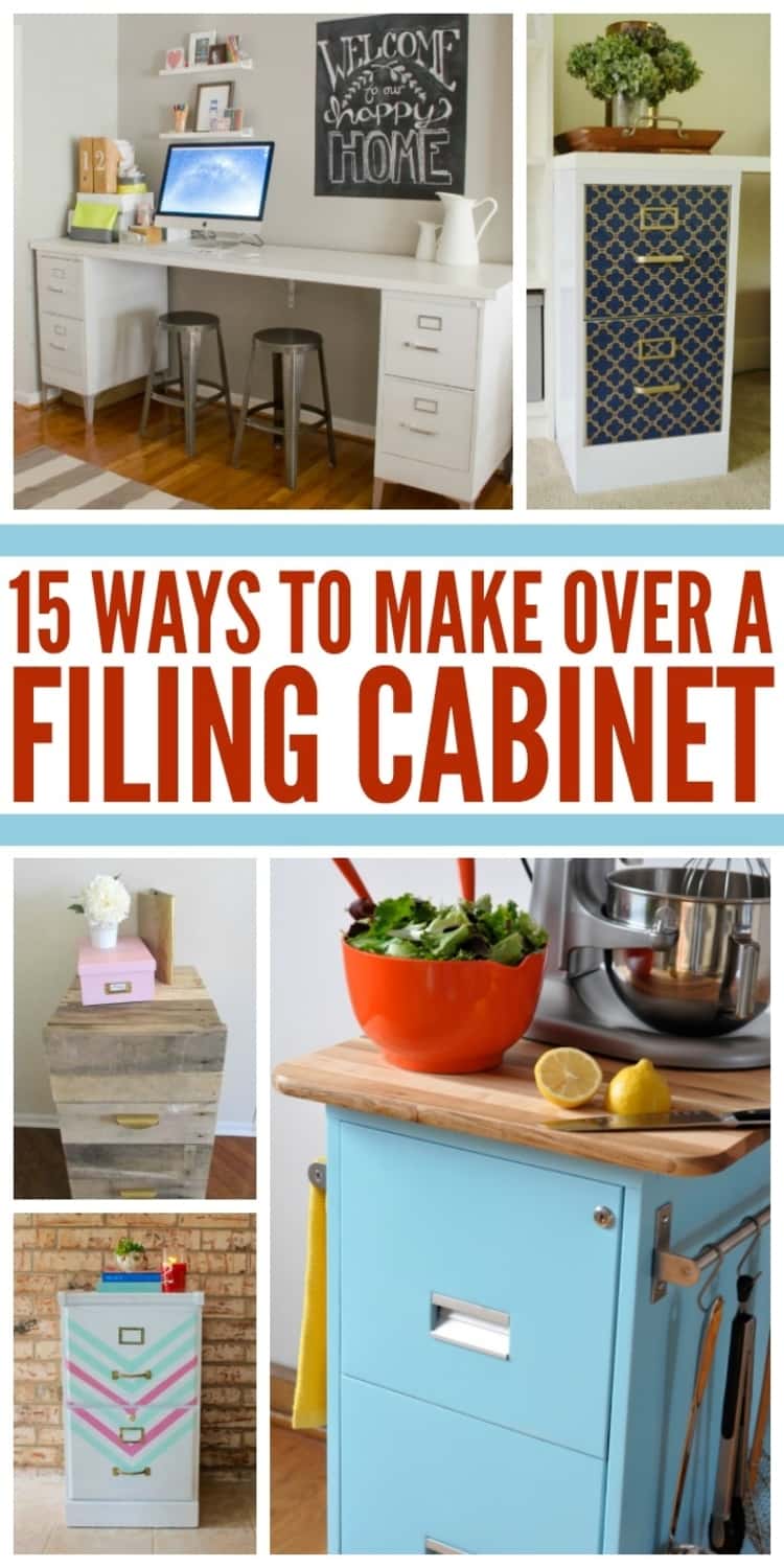 4-photo collage of 15 WAYS TO MAKE OVER A FILING CABINET - white make shift desk along white wall; An orange bowl containing a vegetable salad next to 2 pieces of a sliced lemon, a kitchen knife, and mixer on a make over light blue kitchen cart; 