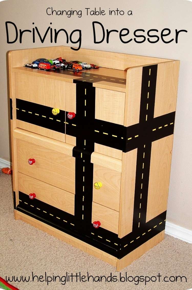 Old changing table repurposed into dresser with roads all over it for toy cars to drive on. 