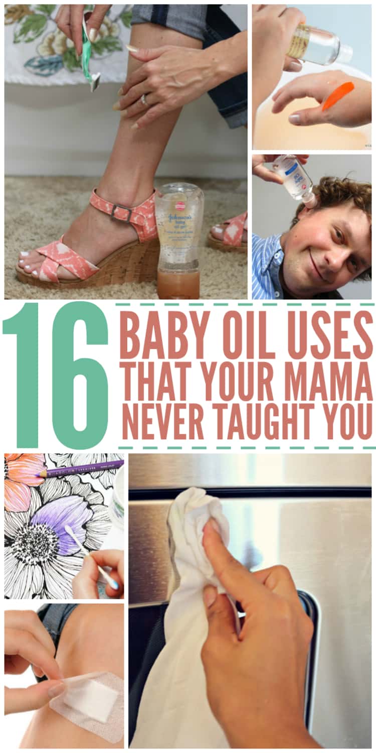 6-photo collage titled 16 BABY OIL USES THAT YOUR MAMA NEVER TAUGHT YOU. Lady dry shaving, man demonstrating how to put baby oil in ear, using it as an acrylic paint remover, for in-depth and artistic coloring, removing band aid painlessly, and keeping appliances smudge-free.