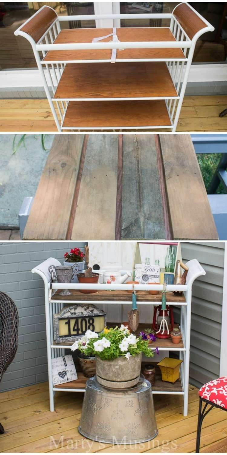 White and wood painted changing table transformed into rustic patio garden cart with old wood fence board accents