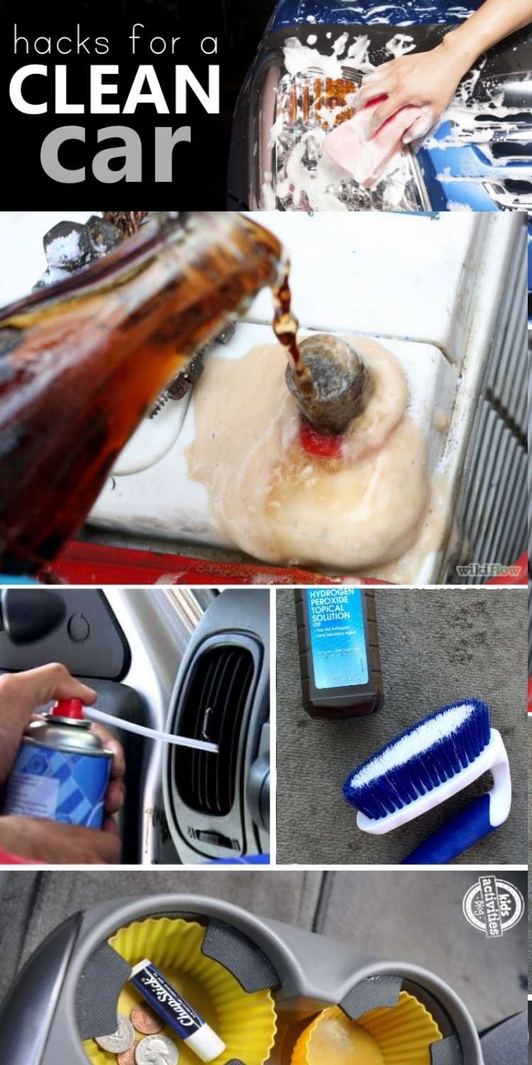 Collage with car cleaning hacks- soda, peroxide, toothpaste